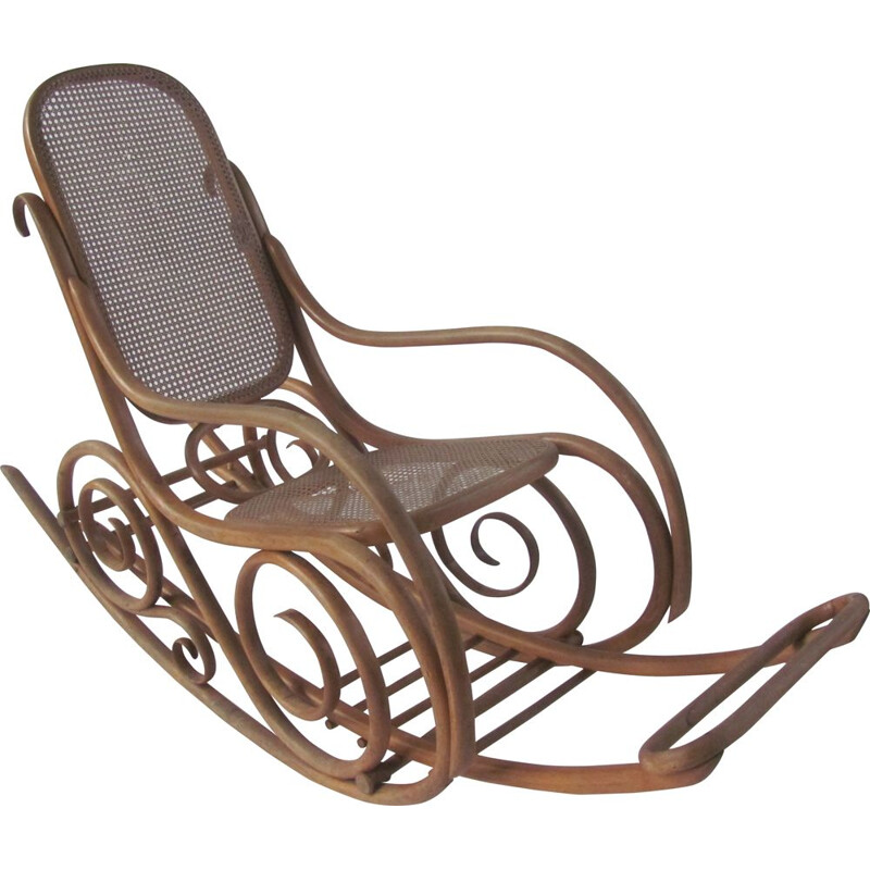 Sedia a dondolo vintage in rattan di Thonet-MundusKohn, Cecoslovacchia anni '20