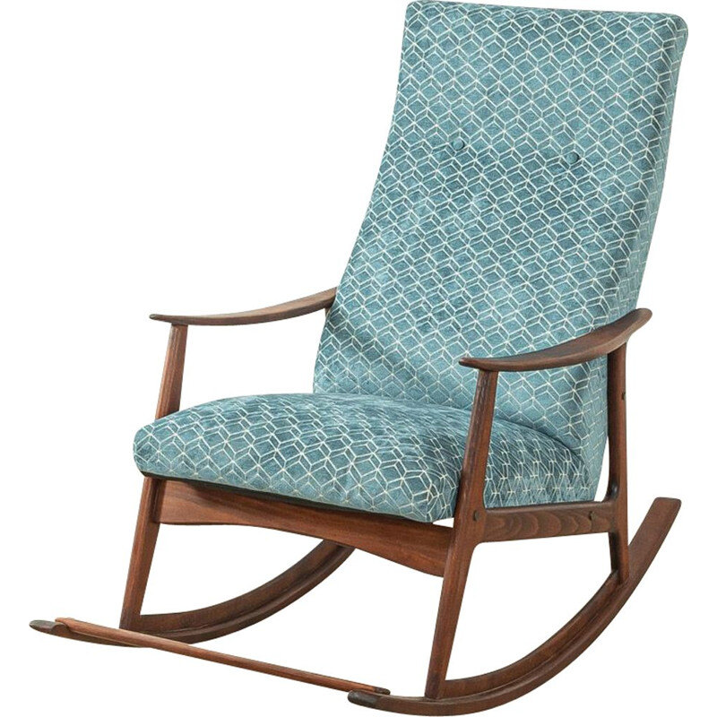 Chaise à bascule en bois de hêtre et tissu bleu,  1950