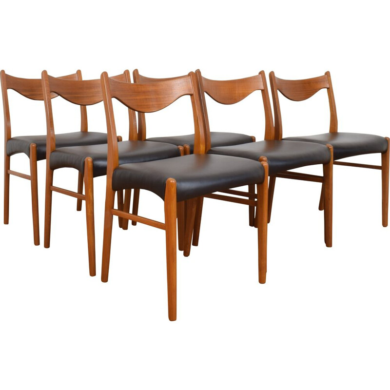  Ensemble de 6 chaises à manger danoises vintage en teck et cuir par Arne Wahl Iversen pour Glyngøre Stolefabrik, 1960