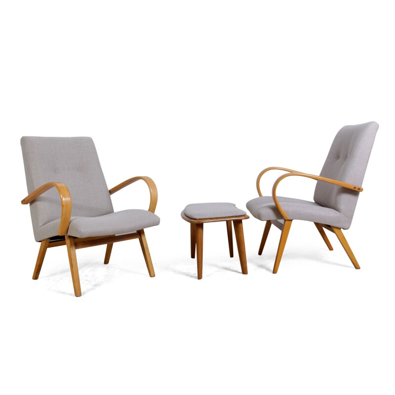 Pair of lounge chairs and matching stool, Jindrich HALABALA - 1950s