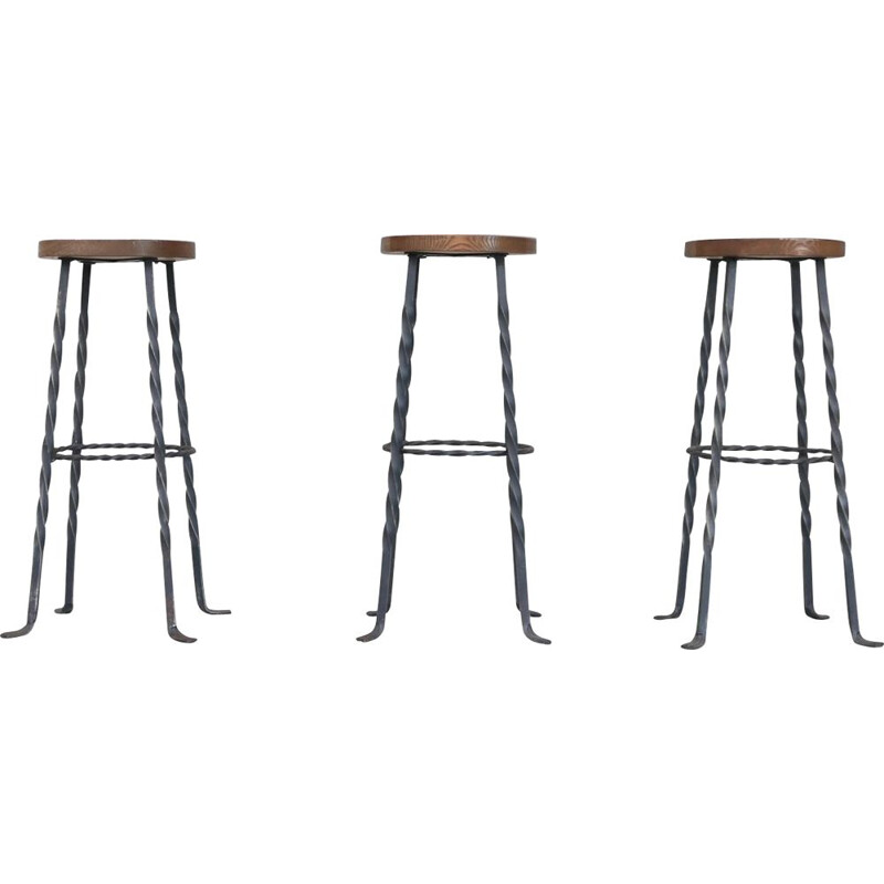 Set of 3 Brutalist mid-century iron and wood bar stools, Holland 1960s