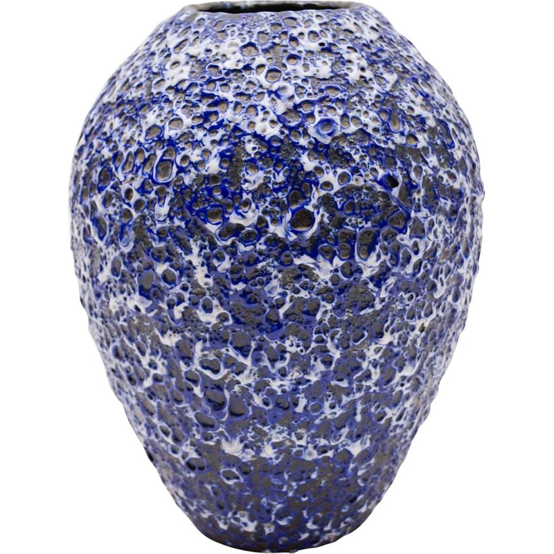 Vintage German blue & white fat lava vase by Es Keramik, 1950s