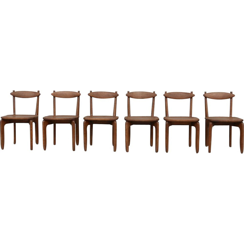 Set of 6 vintage "Thierry" oak chairs by Guillerme and Chambron, France 1960