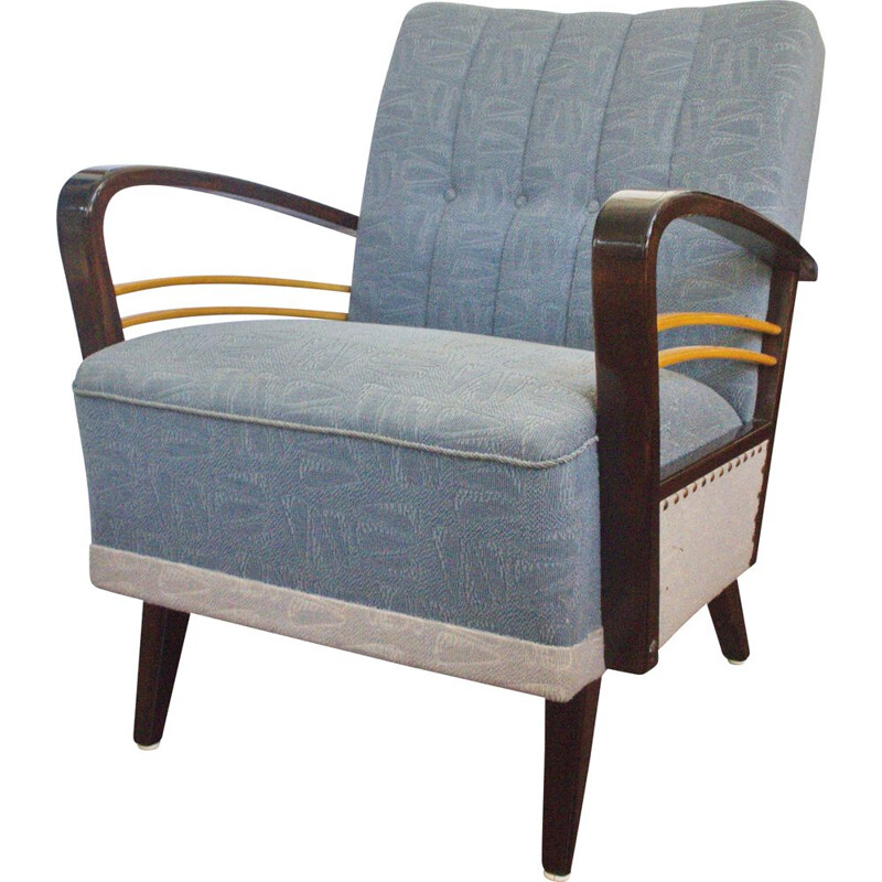 Blue grey vintage armchair with wooden "Harp" armrests, 1950s