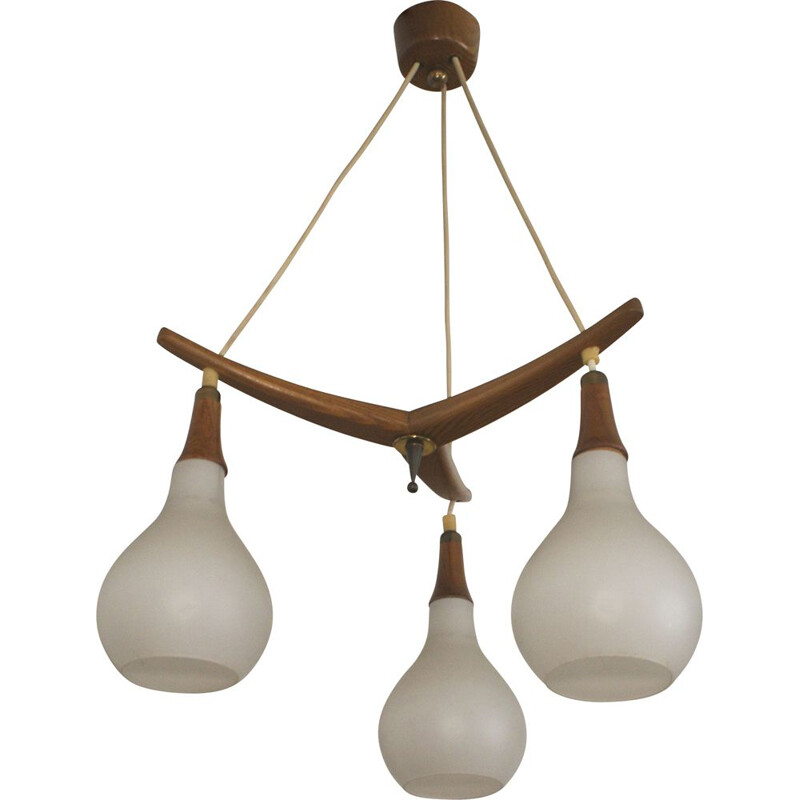 Midc entury teak pendant lamp with 3 white glasses, 1960s