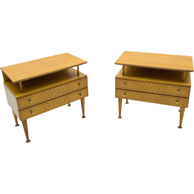 Pair of vintage brass and wood bedside tables, Italy 1950
