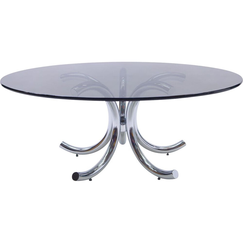 Round vintage coffee table in chrome and smoked glass, 1970