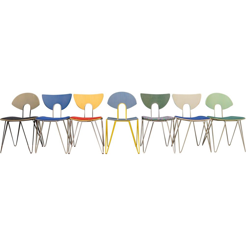 Set of 7 vintage multicolored Mikado dining chairs by Walter Leeman for Kusch + Co., 1990s