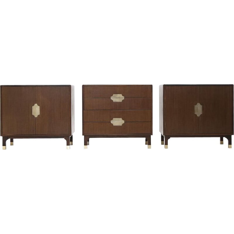 Set of 3 vintage "Grazia" wooden and black glass chest of drawers by 3V arredamenti, 1960s