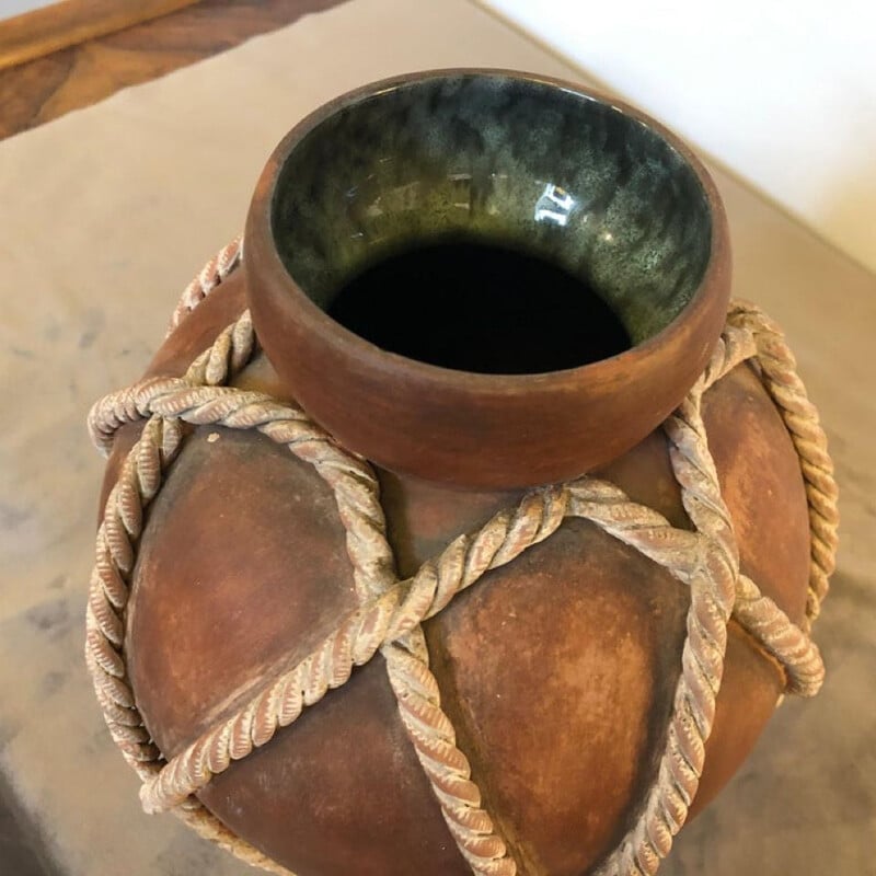 Vaso de corda castanha e branca de Zaccagnini, Itália 1960