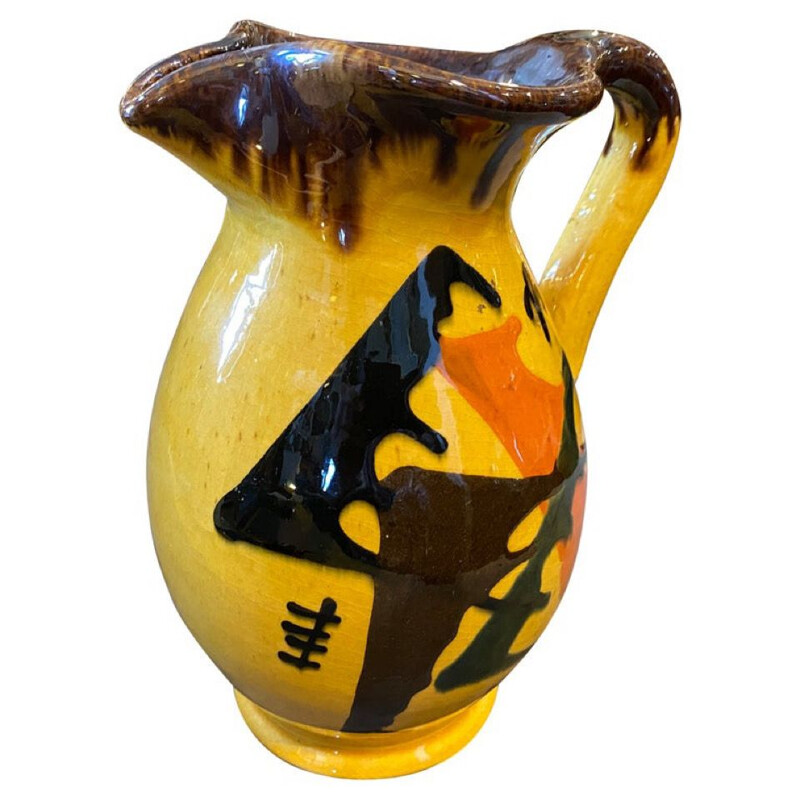 Vintage futuristic yellow ceramic pitcher, Italy 1930