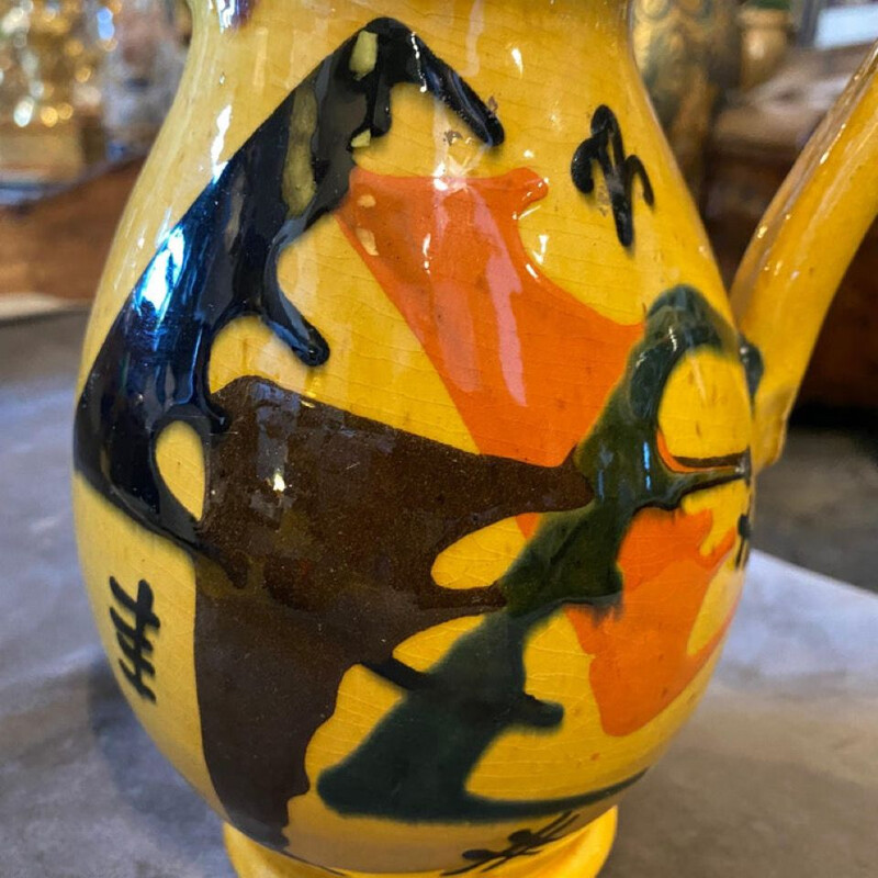 Vintage futuristic yellow ceramic pitcher, Italy 1930