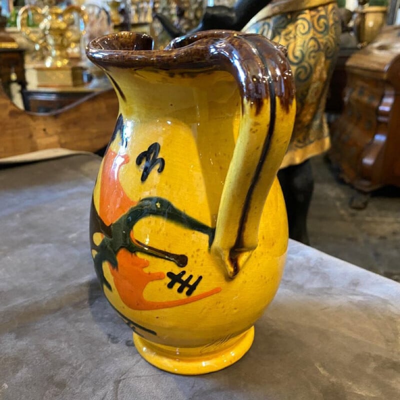 Vintage futuristic yellow ceramic pitcher, Italy 1930