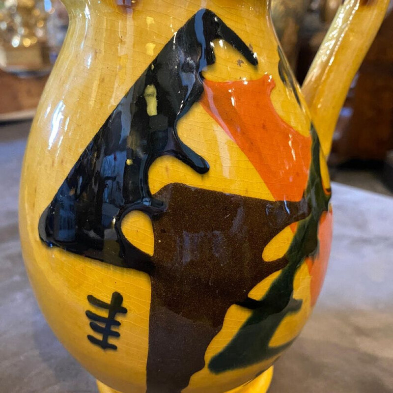 Vintage futuristic yellow ceramic pitcher, Italy 1930