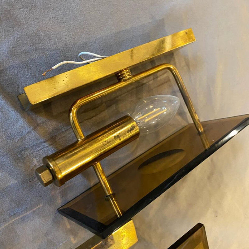 Pair of vintage sconces in brass and smoked glass, Italy 1960