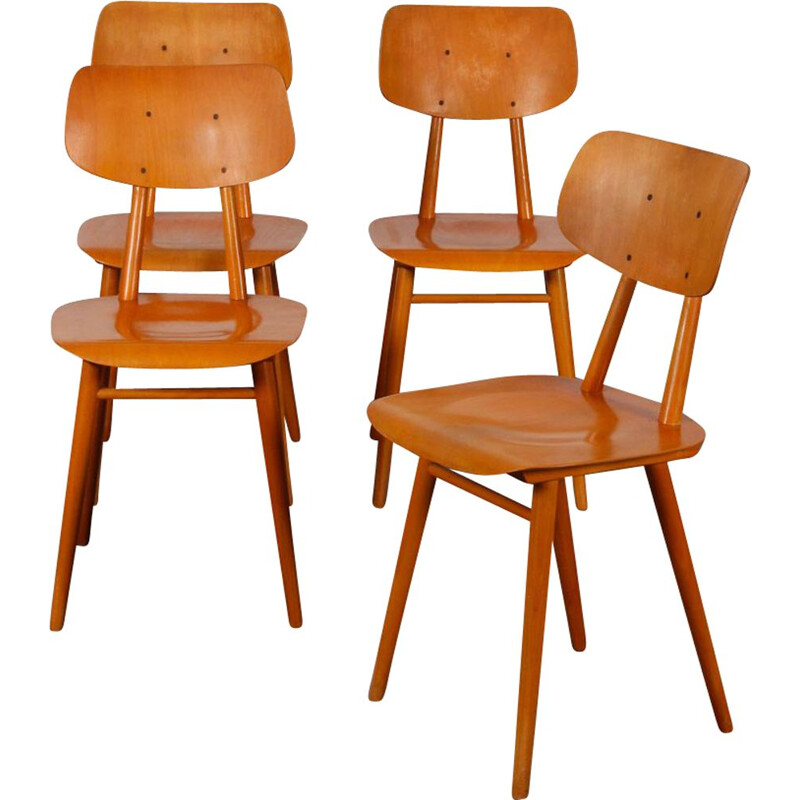 Ensemble de 4 chaises vintage en bois par Ton, 1960