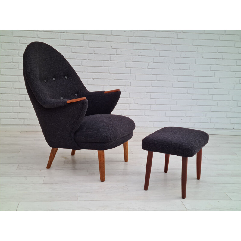 Fauteuil danois vintage en laine avec ottomane, 1960