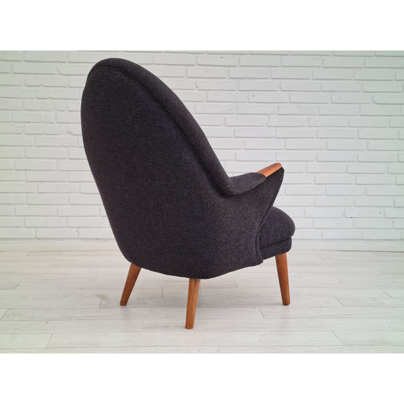 Fauteuil danois vintage en laine avec ottomane, 1960