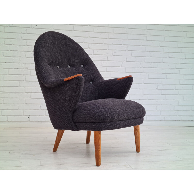 Fauteuil danois vintage en laine avec ottomane, 1960