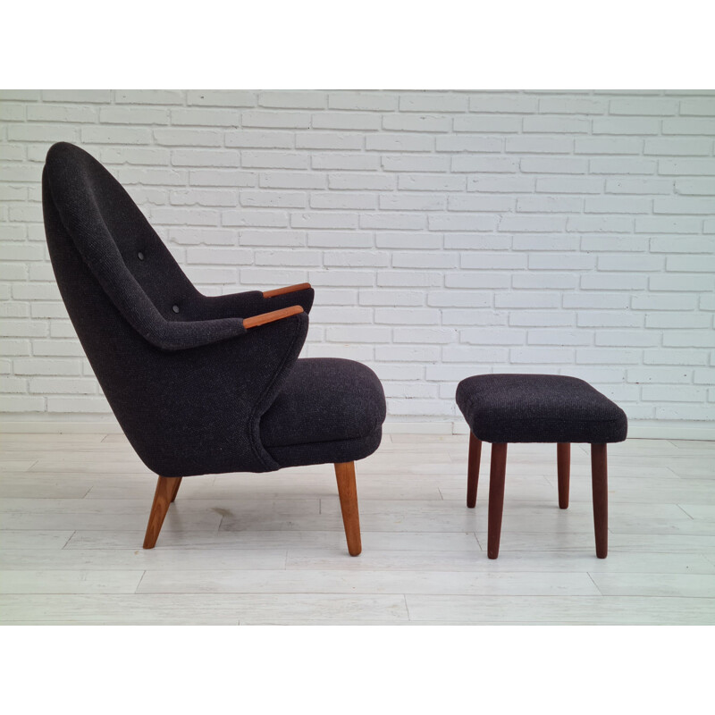 Fauteuil danois vintage en laine avec ottomane, 1960