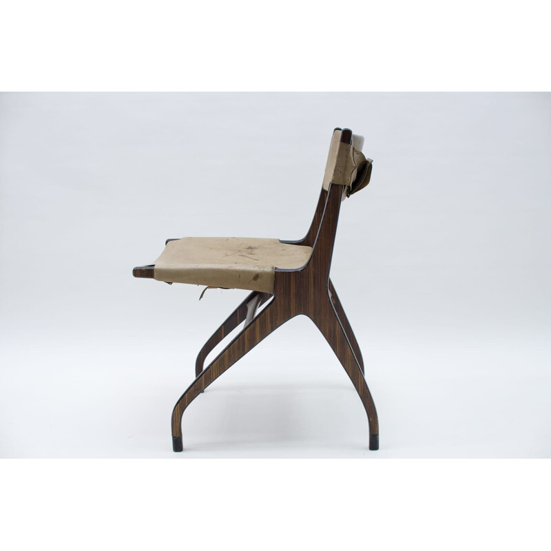 Vintage houten stoel met leren bekleding, Italië 1960