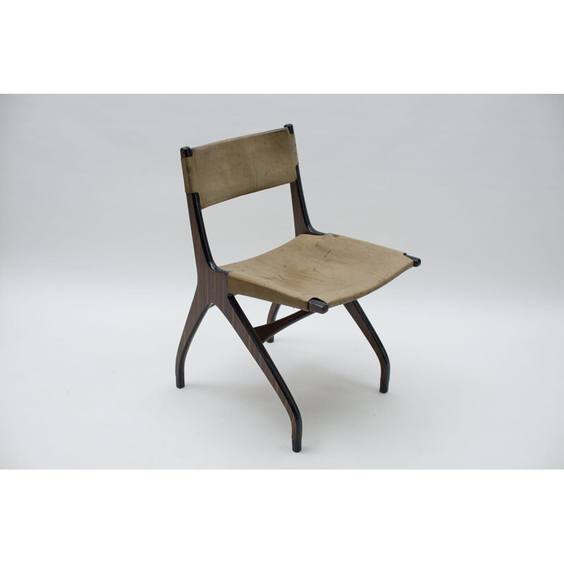 Cadeira de madeira Vintage com capa de couro, Itália 1960