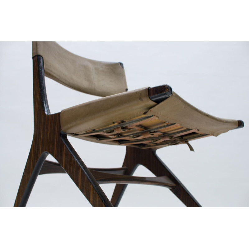 Cadeira de madeira Vintage com capa de couro, Itália 1960