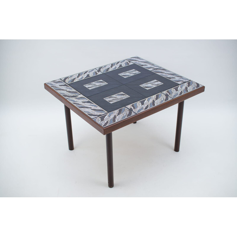 Vintage decorative side table in wood with black, gold & white ceramic tiles, 1960s
