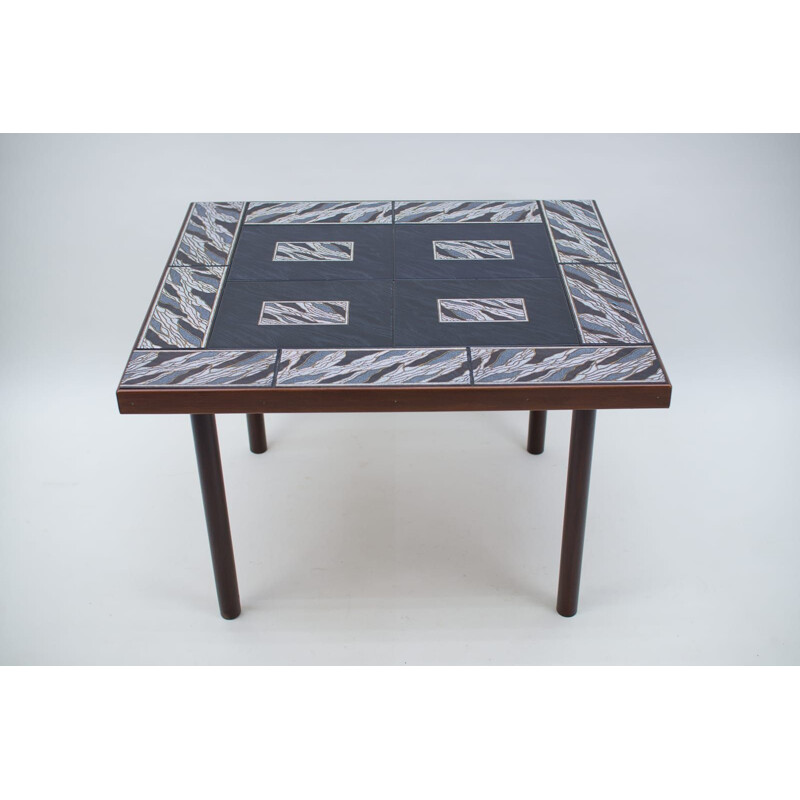Vintage decorative side table in wood with black, gold & white ceramic tiles, 1960s