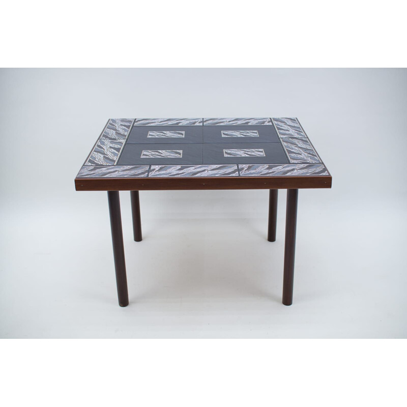 Vintage decorative side table in wood with black, gold & white ceramic tiles, 1960s