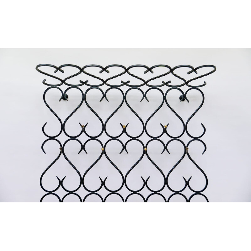 French vintage hand-forged wrought iron wall coat rack, 1960s