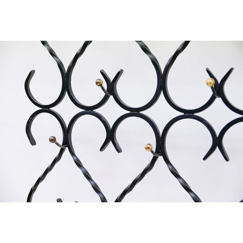 French vintage hand-forged wrought iron wall coat rack, 1960s