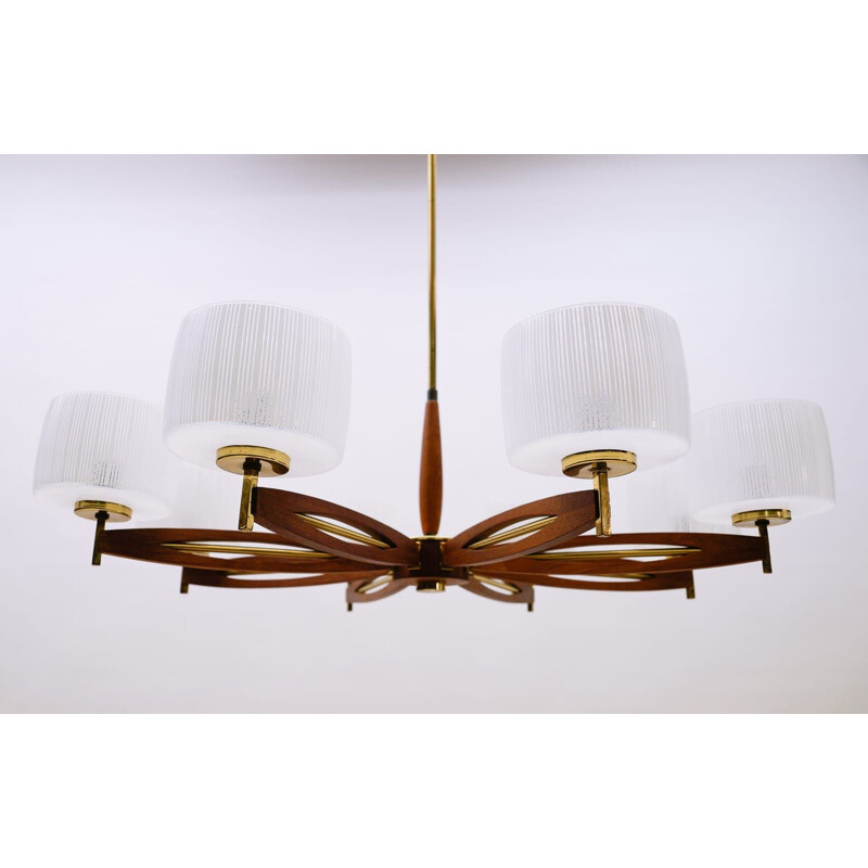 Vintage glass and brass suspension lamp by Uno and Östen Kristiansson for Luxus, Sweden 1960