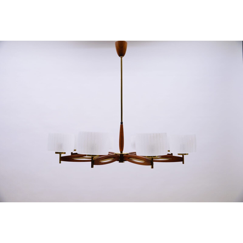 Vintage glass and brass suspension lamp by Uno and Östen Kristiansson for Luxus, Sweden 1960