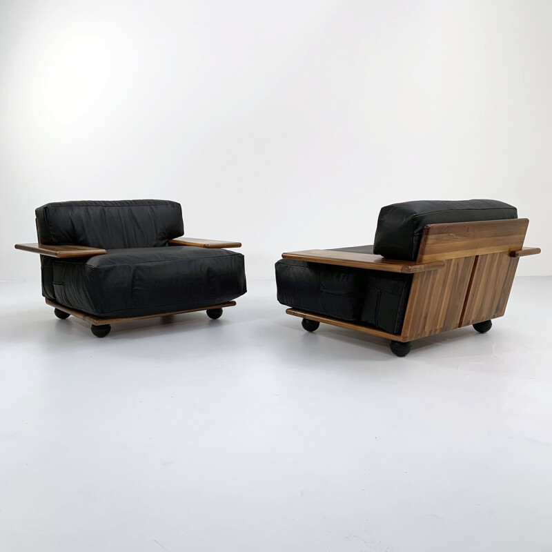 Paire de fauteuils vintage Pianura en cuir noir par Mario Bellini pour Cassina, 1970