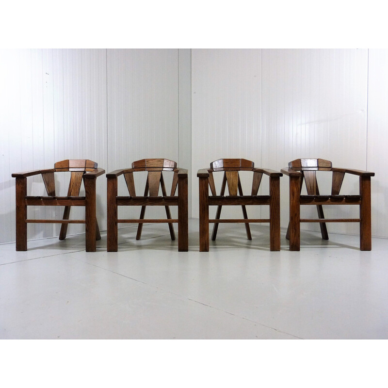 Set of 4 vintage brutalist oakwood chairs with armrests, 1970s