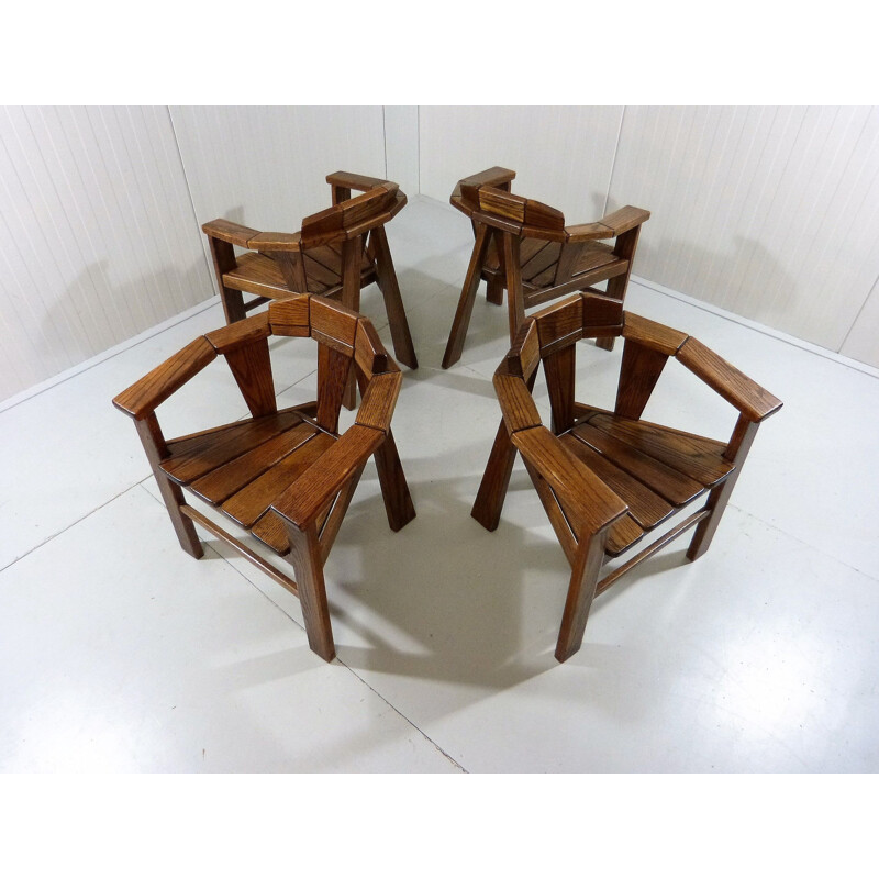 Set of 4 vintage brutalist oakwood chairs with armrests, 1970s