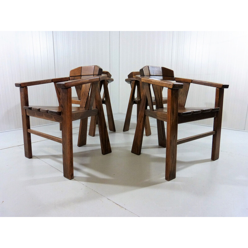 Set of 4 vintage brutalist oakwood chairs with armrests, 1970s