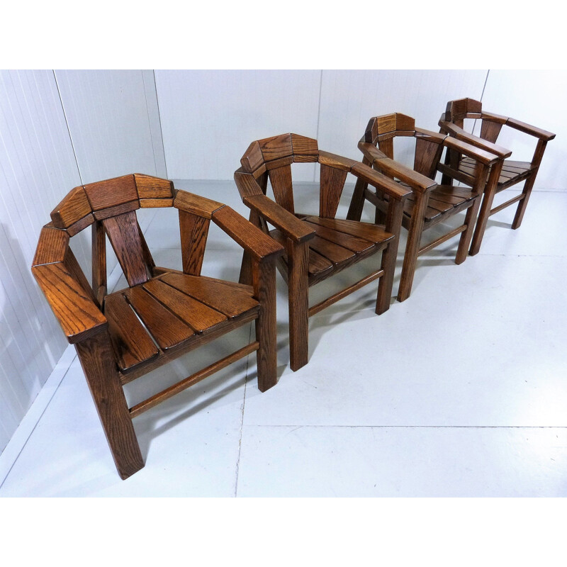 Set of 4 vintage brutalist oakwood chairs with armrests, 1970s