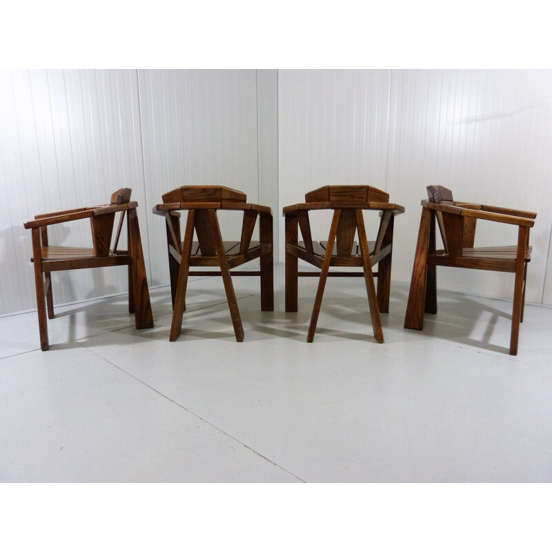 Set of 4 vintage brutalist oakwood chairs with armrests, 1970s