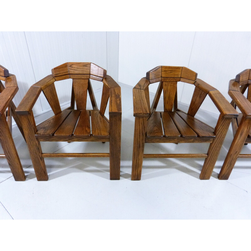 Set of 4 vintage brutalist oakwood chairs with armrests, 1970s