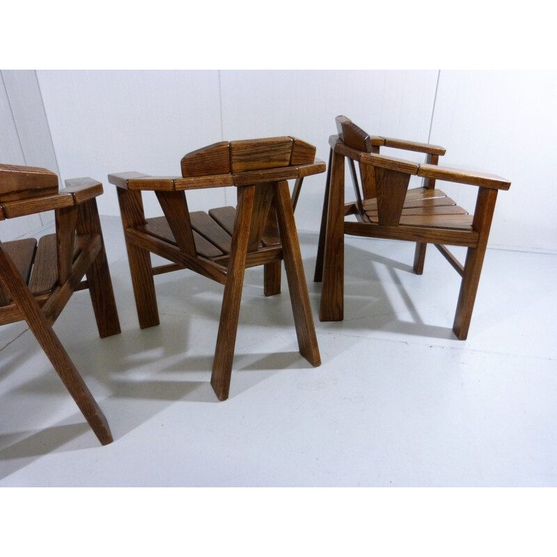 Set of 4 vintage brutalist oakwood chairs with armrests, 1970s