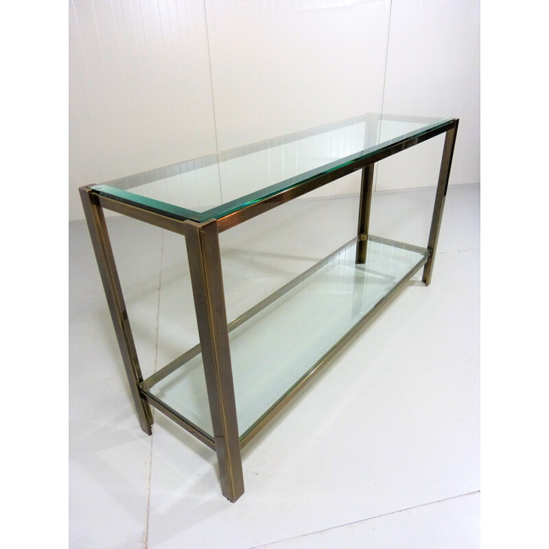 Table console vintage en bronze massif et verre, 1970