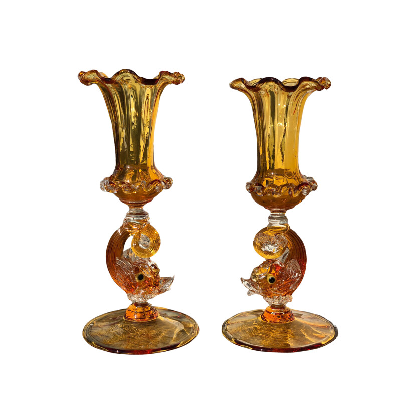 Pair of Venetian dolphin candle holders by Antonio Salviati