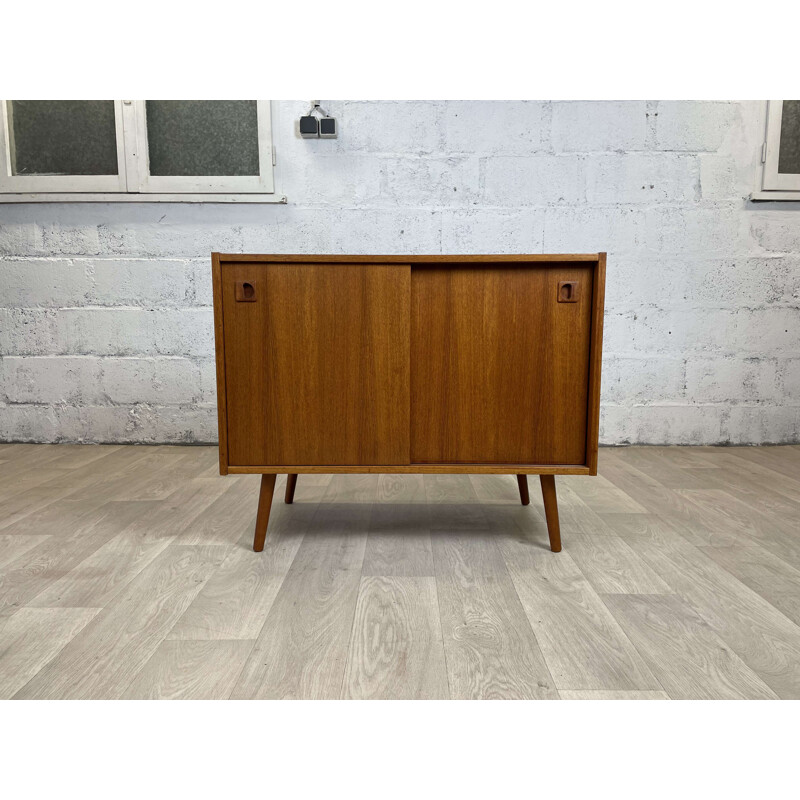 Scandinavian vintage teak highboard with 2 sliding doors, 1960