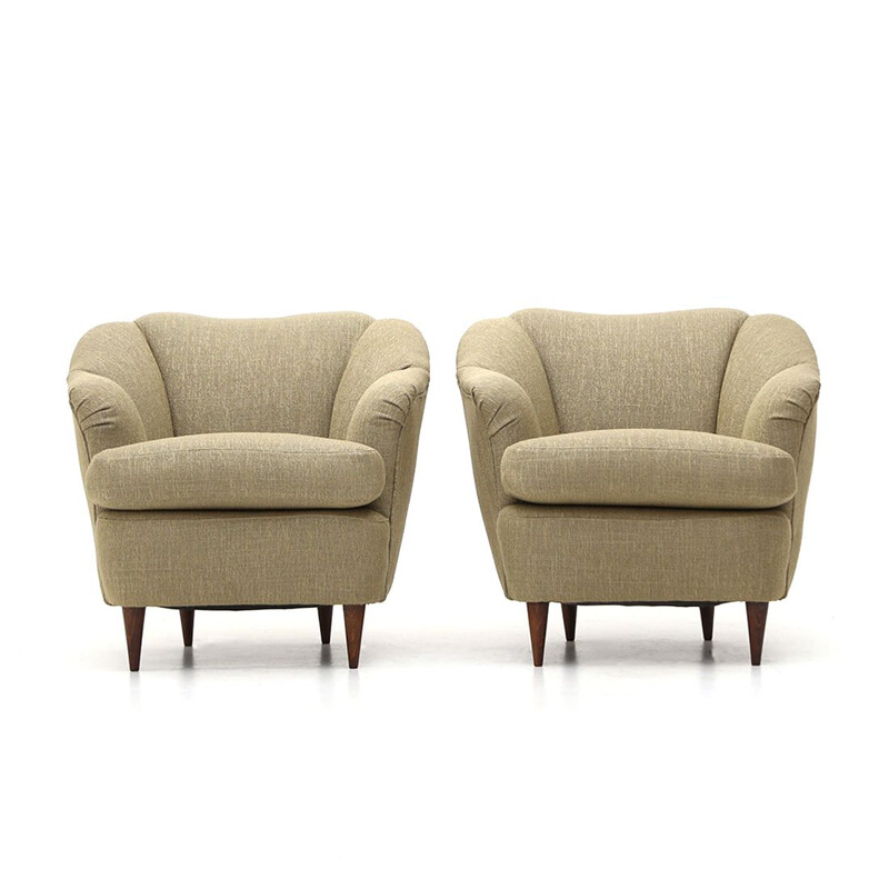 Pair of vintage armchairs covered in ecru fabric, 1940s