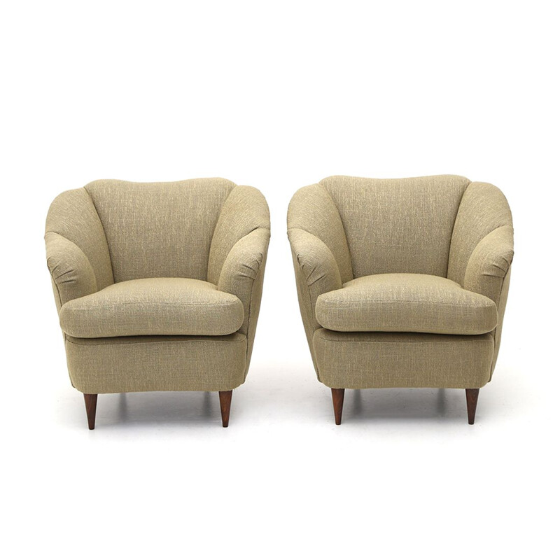 Pair of vintage armchairs covered in ecru fabric, 1940s