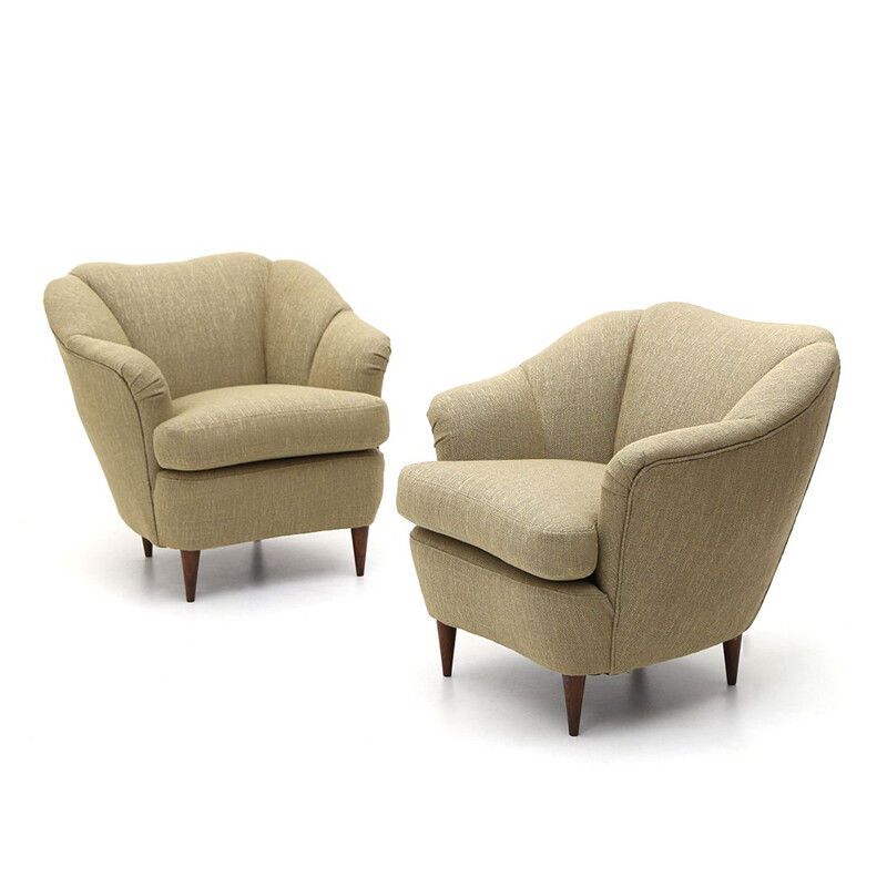 Pair of vintage armchairs covered in ecru fabric, 1940s