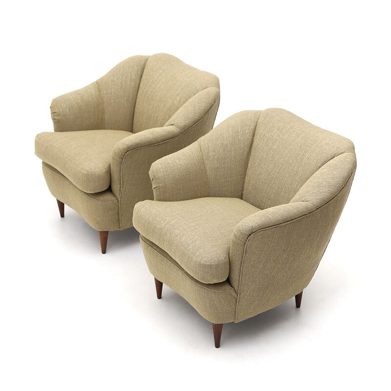 Pair of vintage armchairs covered in ecru fabric, 1940s