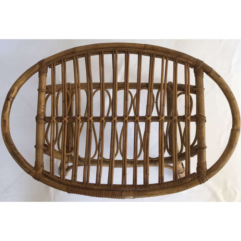 Vintage oval rattan coffee table, Italy 1950
